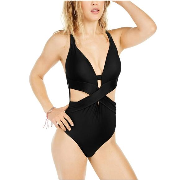 Bar III Women Solid Black Draped Plunging Cut-Out One-Piece Swimsuit Size XL - Picture 1 of 6